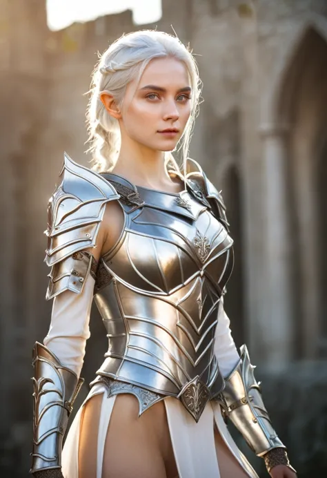 (masterpiece, best quality:1.2), masterpiece, a beautiful female elf knight bright eyes, white hair, broad shoulders, strong bod...