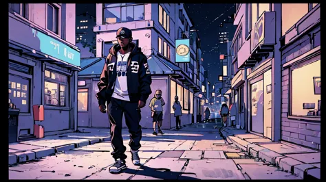 hip hop aesthetics, illustration, urban, a guy walking in the street at night