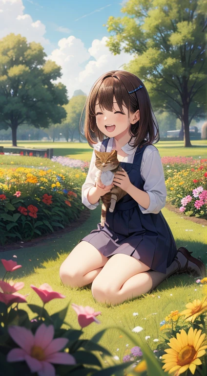 high quality, 8K,1 female child, happy, laughing, kneeling,1 Brown tabby cat,in the park, in the field of flowers, in the afternoon