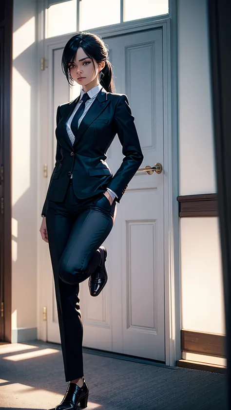 a confident woman in a tailored suit, standing with one leg slightly forward and hand on hip. natural light illuminates her face...