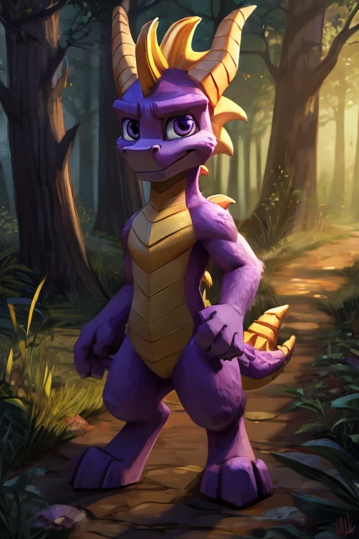 Spyro wandering through a forest in the evening.