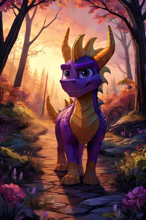 Spyro wandering through a forest in the evening.