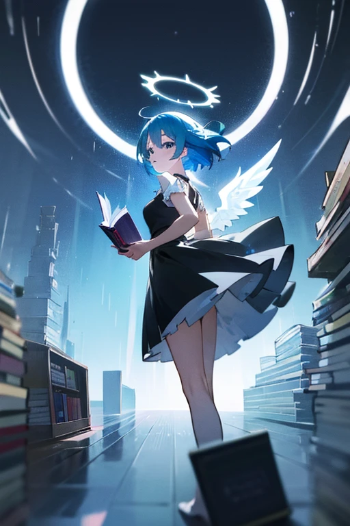 Beautiful anime girl with blue hair, blue eyes, And a delicate face, wearing a cute black dress, A playful and bright look, Ultra-high resolution, masterpiece, Highest quality, Very detailed, Motion Illustration, Speed Line, Anime Style,Angel Halo,Lots of books,library,Reading a book