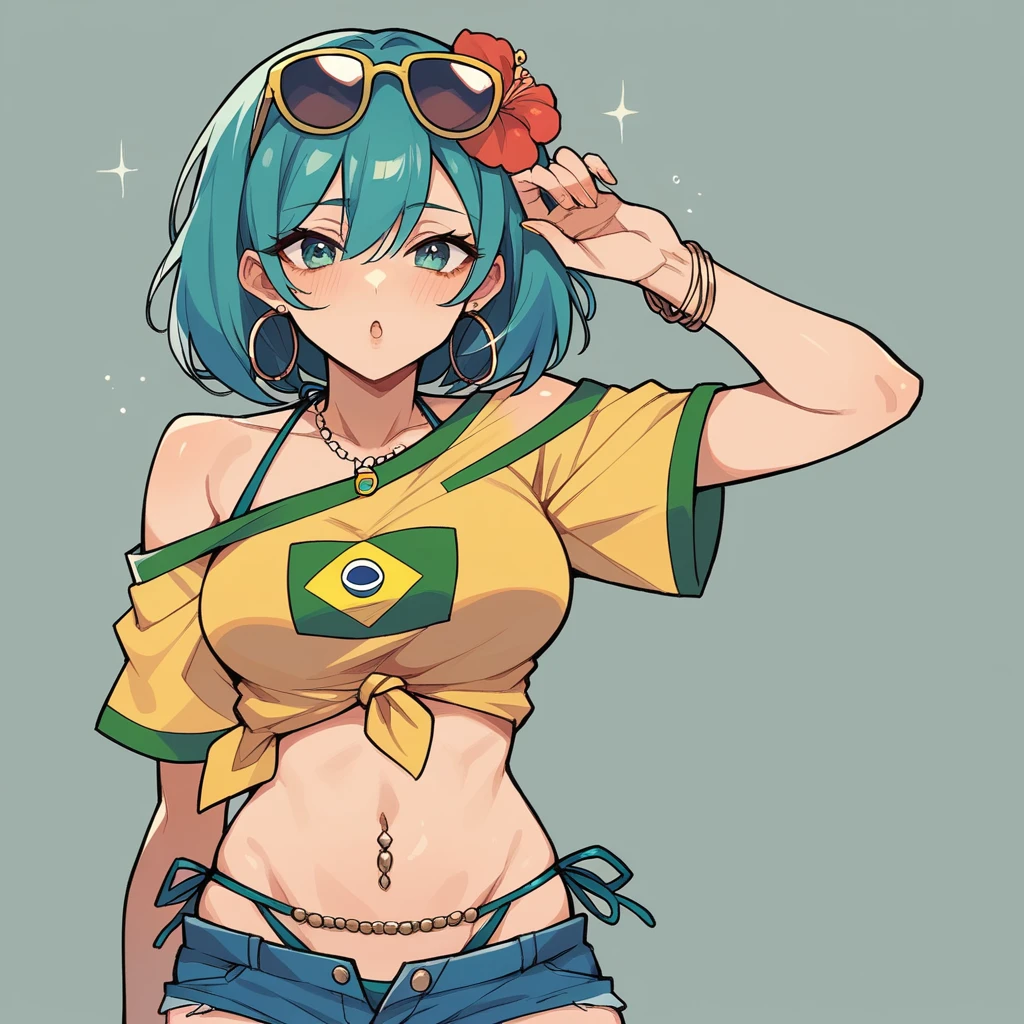 Brazilian Miku, hair flower, hoop earrings, eyewear on head, necklace, yellow shirt, midriff, jewelry, belly chain, bracelet, bikini under clothes, side-tie bikini bottom, short shorts, denim, Brazilian flag print, single bare shoulder, side tie, tied shirt, flashing tits, showing her boobs, big boobs, no background