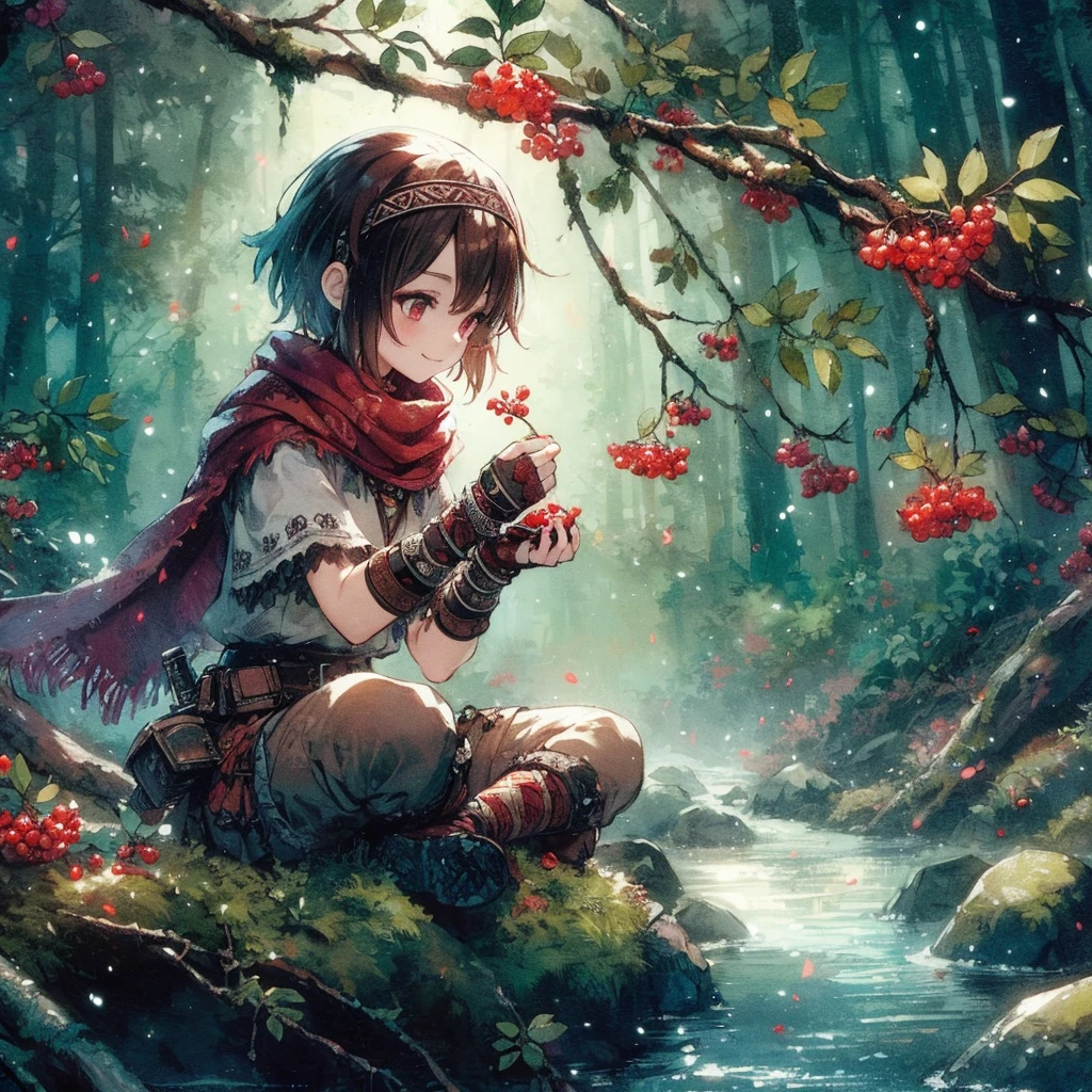 absurdres, best quality, fine detailed, 8k, 1girl, Brown hair, red eyes, warrior-style clothing, patterned bandana, headband, red scarf, smile, brown hands, white gothic fantasy shirt, beige pants, brown boots, small red fruit branch, deep forest, rocks, waterside, mountain stream