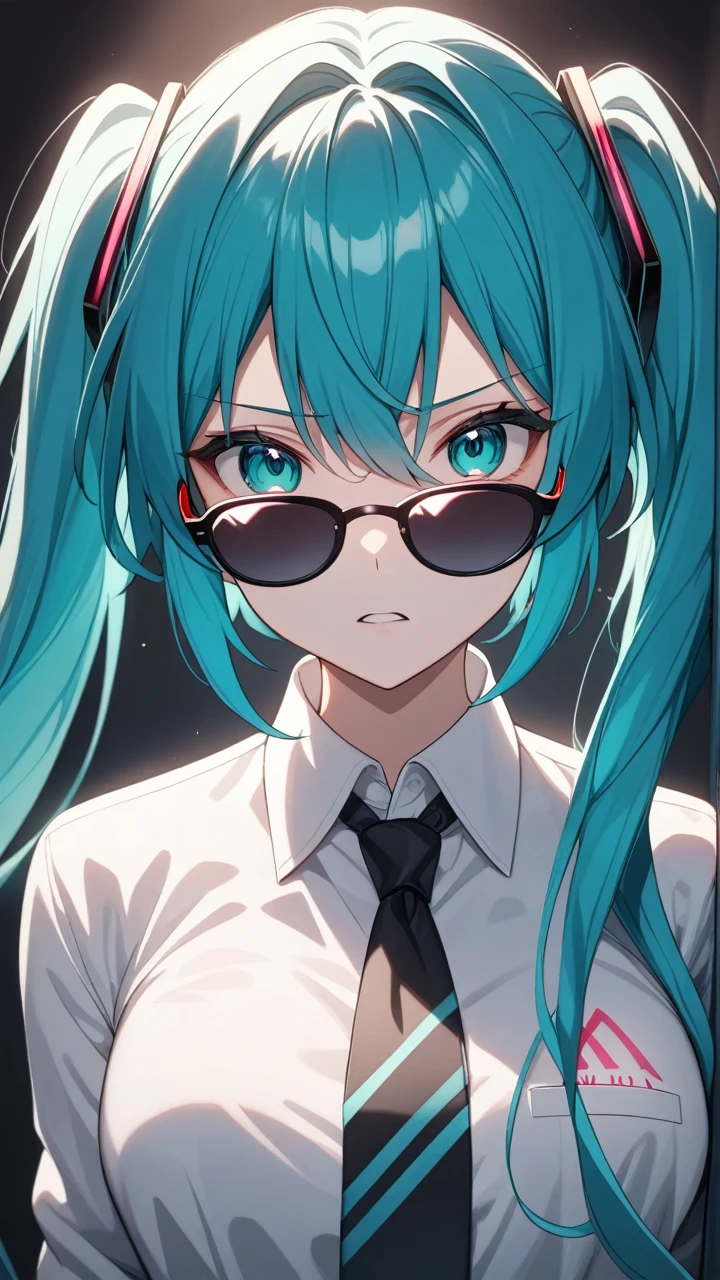 Masterpiece, best quality, hatsune miku, vocaloid, white shirt, collared shirt, necktie, sunglasses, Intense expression, Intense gaze, array of tattoos, dark background, dramatic lighting, 