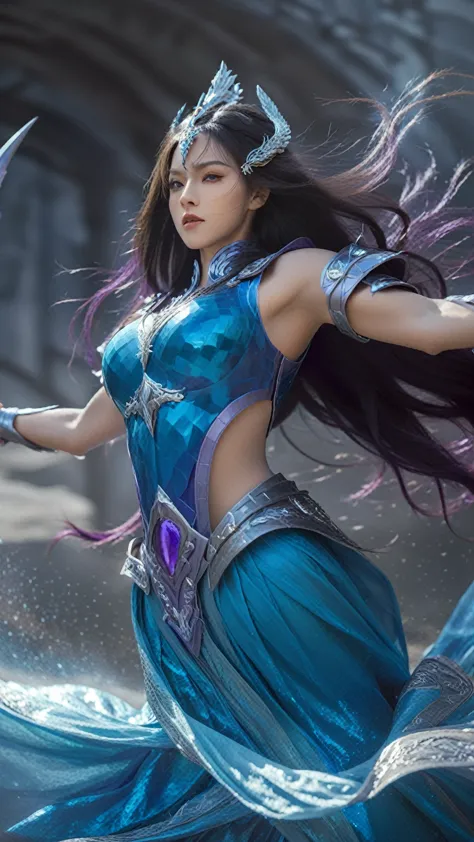 strong stance, long flowing hair, blue and silver armored clothing, intricate armor details, purple gemstone accessories, dynami...