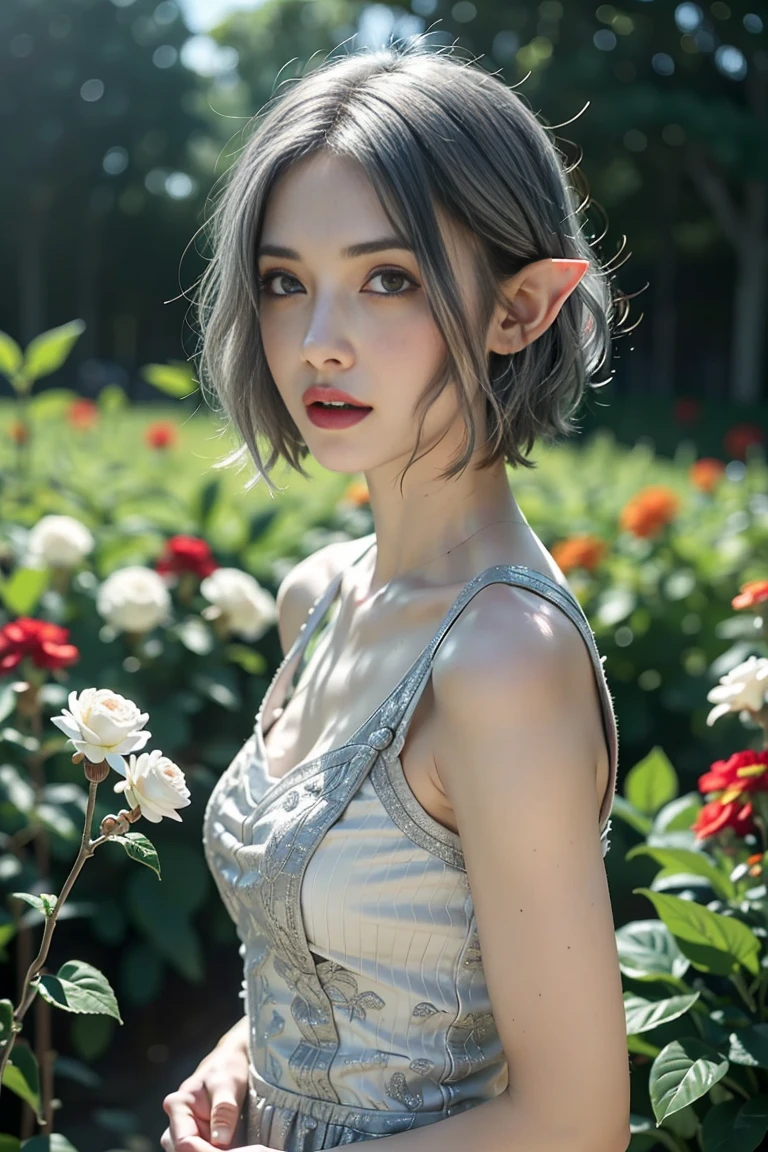 (masterpiece, best quality), super detailed, portrait, 1girl, beautiful girl, elf, (upper body), gray eyes, white dress, short hair, ((silver hair)), standing, flower garden in Background, soft lighting