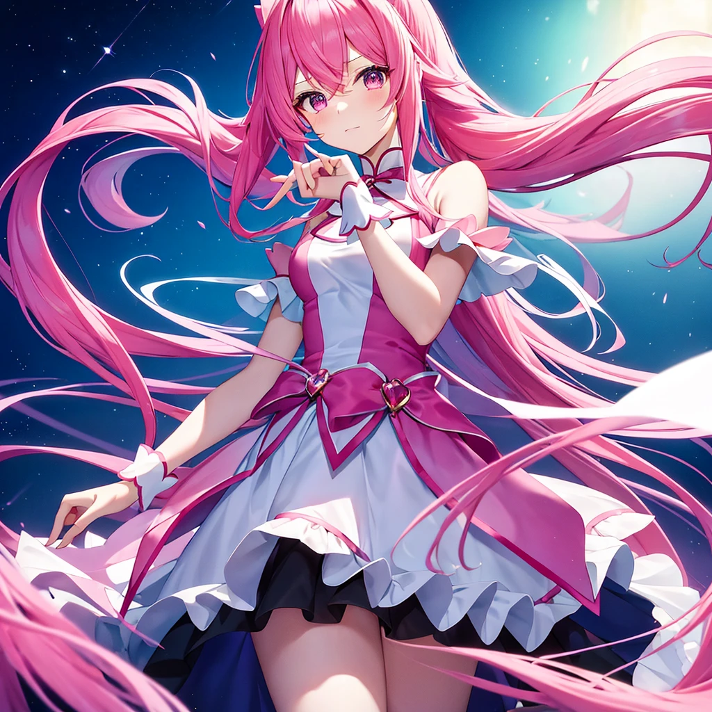 high quality，masterpiece。A cute magical girl with very long pink hair，Hairstyle is long twin tail。She stands upright with her face and body facing the viewer，True Identity。Her hands are empty，Don&#39;With hands together。She seems tall，Her breasts are big and very large，Good style，She has the perfect proportions as a woman..。She is smiling with a pretty face，Both eyes are blue。What to wear&#39;Don&#39;t expose your chest too much，The costume covers the chest，Magical Girl Costume，Costumes with flashy designs such as ribbons and frills，The costume is based on a white and pink color scheme...，The skirt is a mini skirt，Long white gloves on both hands，Wear long white socks on both feet。She is standing，Where&#39;Standing again in the city。