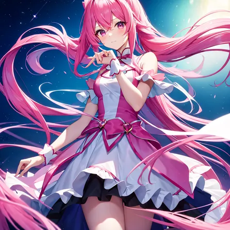 high quality，masterpiece。a cute magical girl with very long pink hair，hairstyle is long twin tail。she stands upright with her fa...