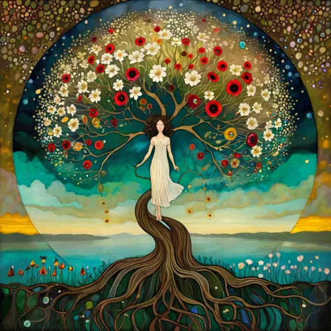 oil and acrylic painting in the style of andy kehoe and tracy grimwood, catrin welz-stein, klimt.. yggdrasill tree, large roots ...