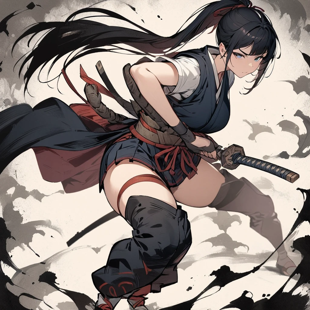 Best quality, masterpiece, high resolution, ink painting, female samurai, black hair, ponytail, holding a sword, screen-cutting effect, screen-crackling effect
