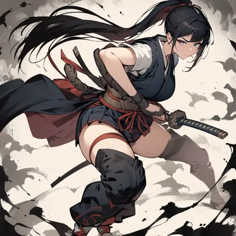 best quality, masterpiece, high resolution, ink painting, female samurai, black hair, ponytail, holding a sword, screen-cutting ...