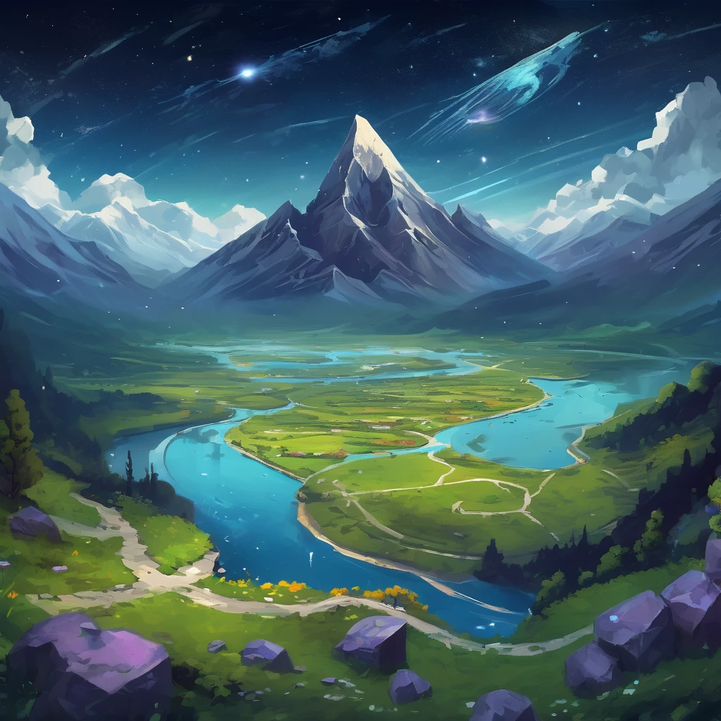 ((masterpiece, Best Quality)), absurdities, isometric_setting, river, Little mountains, Herb Field, space and stars background, destroyed, apocalipcis
