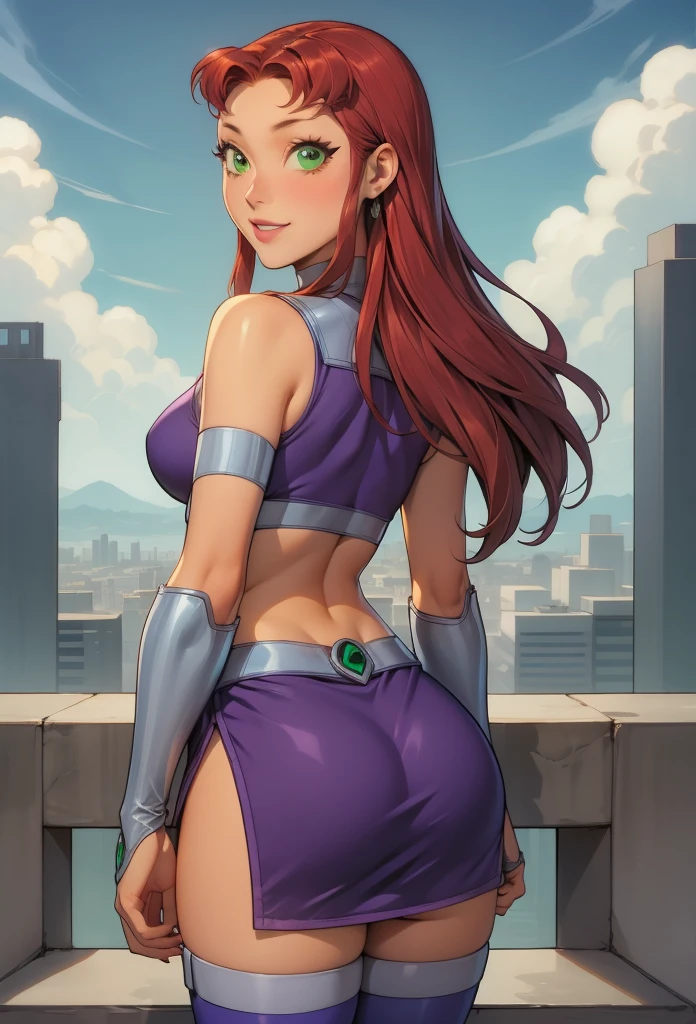 perfect eyes:1.2, detailed eyes:1.4, starfire, smile, teeth, red hair, long hair, green eyes, green sclera, orange skin, crop top, miniskirt, thighhighs, cowboy shot, 1girl, solo, (masterpiece:1.6, best quality), 8k, insane details, intricate details, hyperdetailed, hyper quality, high detail, ultra detailed, professional, HDR, ray tracing reflection, cinematic lighting,