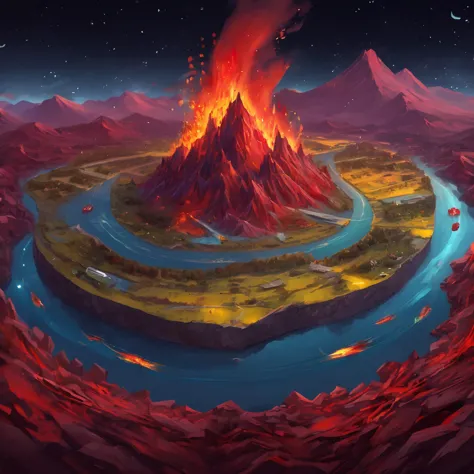 ((masterpiece, best quality)),fire, destruction, disorder, red,  absurdities, isometric_setting, river, little mountains, herb f...