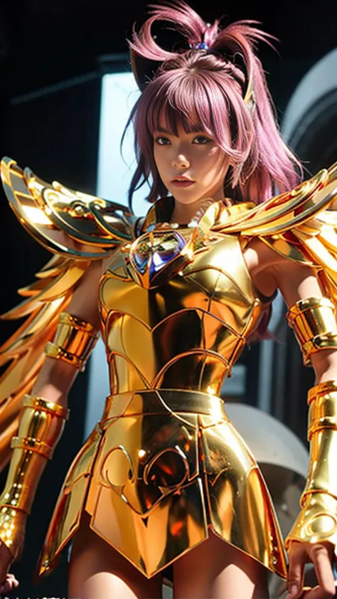 ultra-high saturation（tmasterpiece）， fully body photo，（best qualtiy）， （1girll），purple hair,  wearing shiny gold armor， sexy ling...