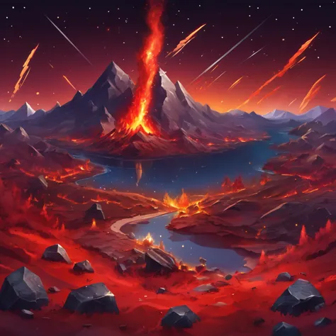 meteorite impact, ((masterpiece, best quality)),fire, destruction, disorder, red,  absurdities, isometric_setting, river, little...