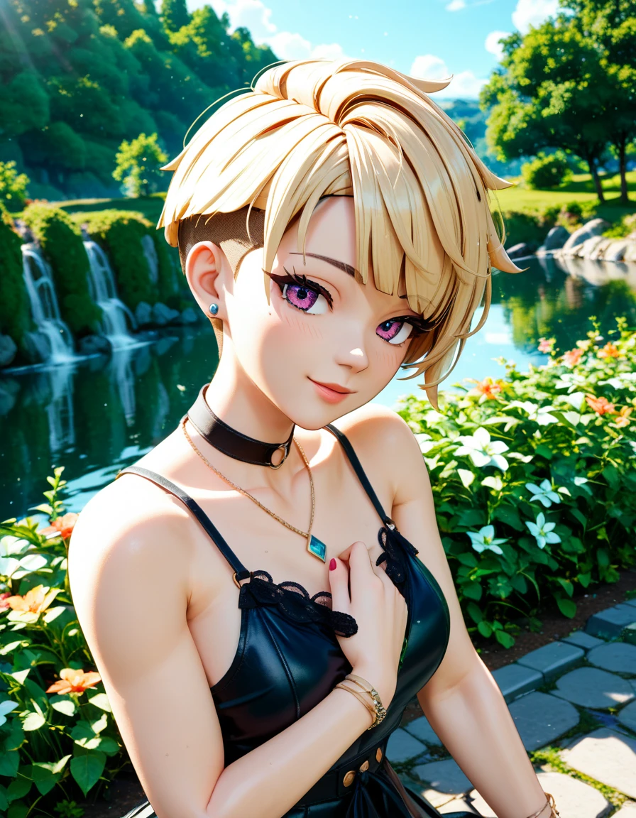 (Highest quality, 4K, 8k, High Resolution masterpiece:1.2), Very detailed, Picturesque, Anime-style photos, Photo Animation:1.37)、a beautiful girl、(blonde Hair)、(pixie cut)、Black choker、pierce、necklace、bracelet、slut