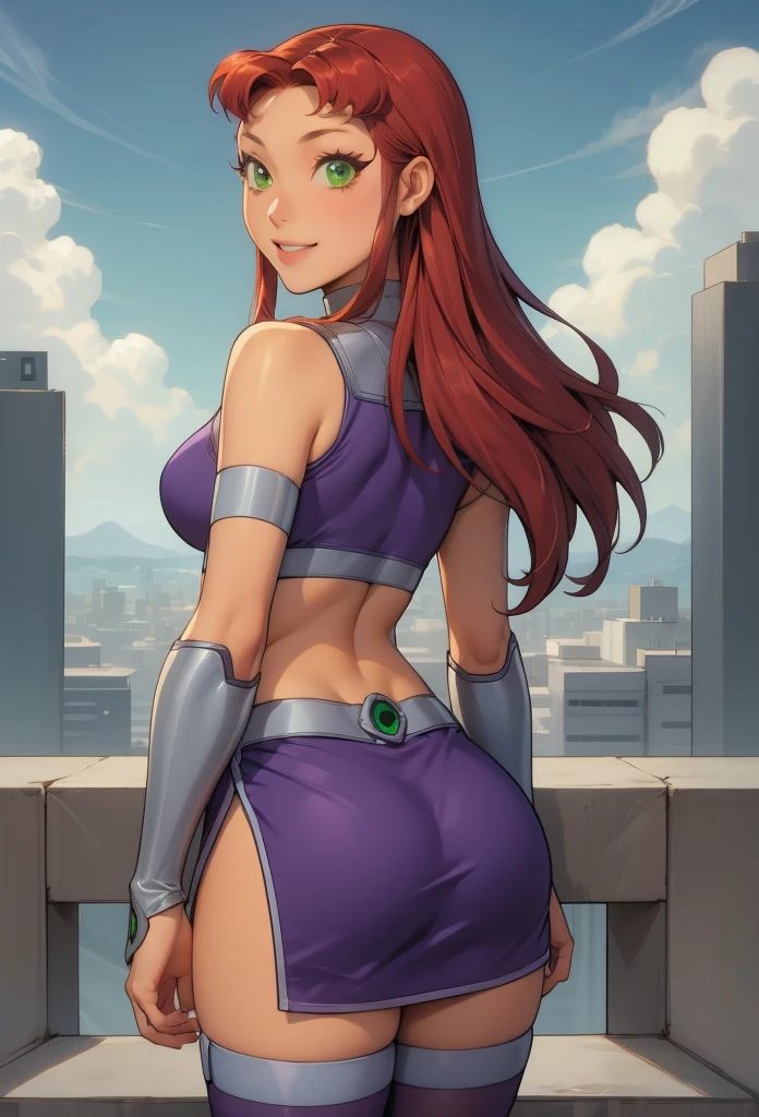 perfect eyes:1.2, detailed eyes:1.4, starfire, smile, teeth, red hair, long hair, green eyes, green sclera:1, orange skin, crop top, miniskirt, thighhighs, cowboy shot, 1girl, solo, (masterpiece:1.6, best quality), 8k, insane details, intricate details, hyperdetailed, hyper quality, high detail, ultra detailed, professional, HDR, ray tracing reflection, cinematic lighting,