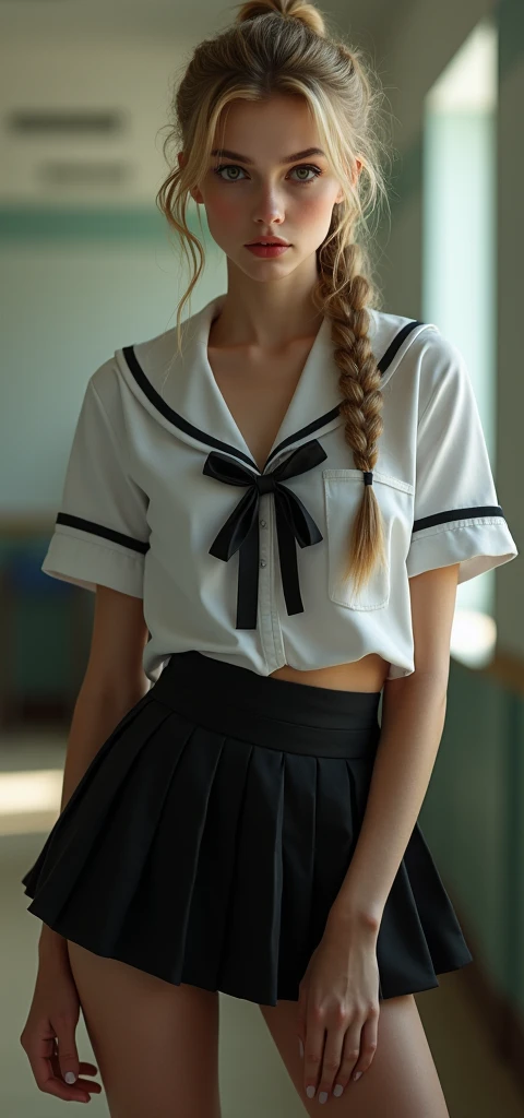 1 very young skinny teenage girl posing in the frame , very slim tight skinny supermodel body, 13 years, long braided ponytail blonde, in high school, in school uniform, in a miniskirt, 13 years face, big massive silicone push-up, flirting, black stockings, whole body, 4K, whole body,