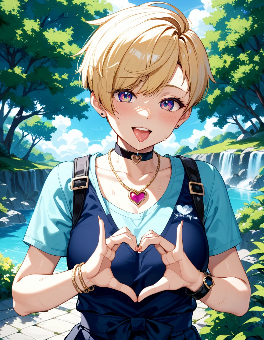 (Highest quality, 4K, 8k, High Resolution masterpiece:1.2), Very detailed, Picturesque, Anime-style photos, Photo Animation:1.37)、a beautiful girl、(blonde Hair)、(pixie cut)、Black choker、pierce、necklace、bracelet、heart hands、bitch、sweat、saliva、