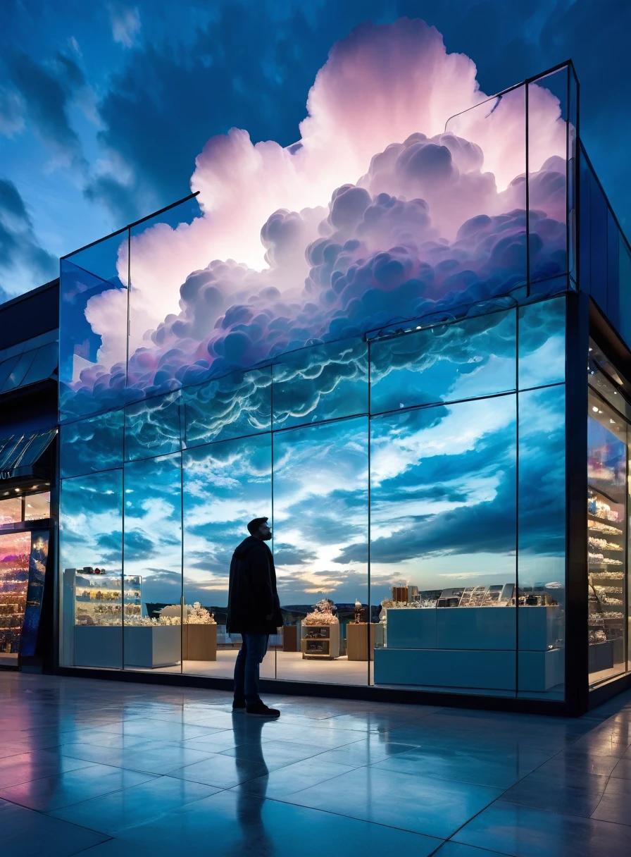 A man stands in front of a modern glass shop, The top is decorated with an impressive cloud-like installation，Glowing softly against a vivid evening sky. The scene exudes a surreal and dreamy atmosphere. Urban buildings form both sides, The store’s soft interior lighting contrasts with the dramatic clouds above and the deep blue tones of the twilight.. The overall composition combines fantasy and modern architectural elements.