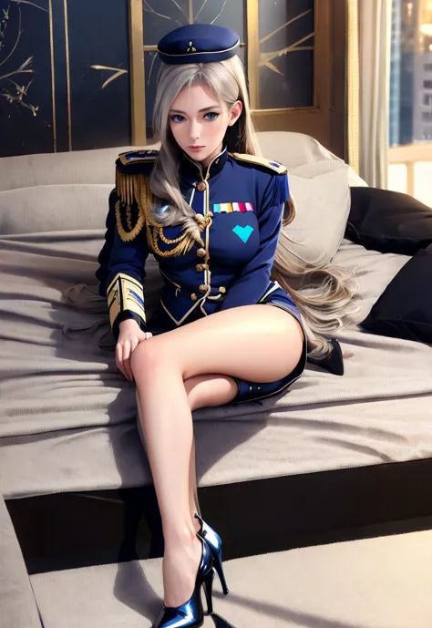 celia\(valcourt\), celia\(uniform\),1girl, mature female, solo,
blue eyes, 
black thighs, highheels, 
bed room, cushion, 
best q...