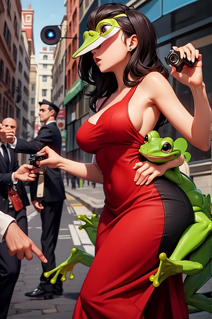 frog in a red dress, frog focus, mafia, pistol