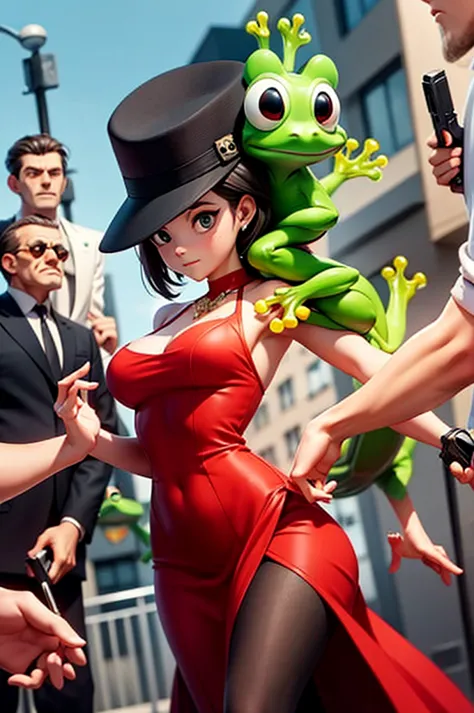 frog in a red dress, frog focus, mafia, pistol