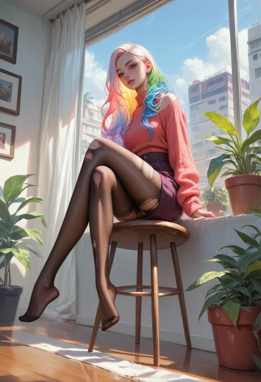 score_9, score_8_up, score_7_up, score_6_up, source_anime, masterpiece, newest, Highly detailed, 1girl, slender, innocent, sitting, arms at sides, long hair, opaque pantyhose, no shoes, colorful hair, multicolored hair, casual clothes, realistic, long legs, potted plants, ripped pantyhose
