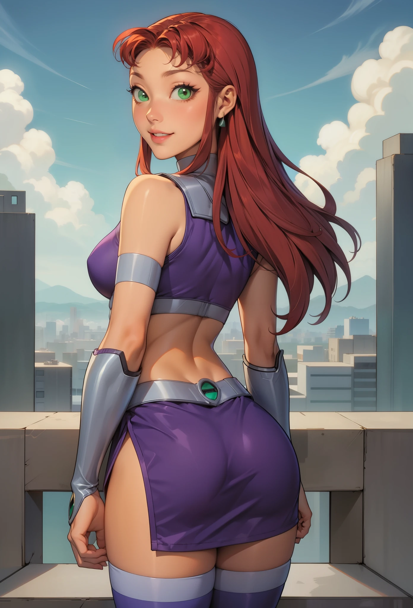 perfect eyes:1.2, detailed eyes:1.4, starfire, smile, teeth, red hair, long hair, green eyes, green sclera, orange skin, crop top, miniskirt, thighhighs, cowboy shot, 1girl, solo, (masterpiece:1.6, best quality), 8k, insane details, intricate details, hyperdetailed, hyper quality, high detail, ultra detailed, professional, HDR, ray tracing reflection, cinematic lighting,