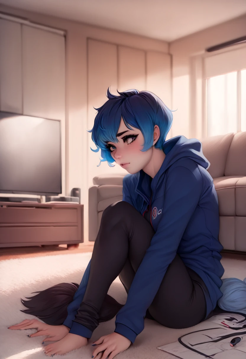 anime girl with blue hair sitting on living room floor, High Resolution Commission, Ross Tran style, 2d art, 2d art, extremely detailed artgerm, OK commission, rei ayanami, from surveillance, Lois van Baerle and Rossdraus, artgerm style, Loisch |, Short blue haired woman, ayanami