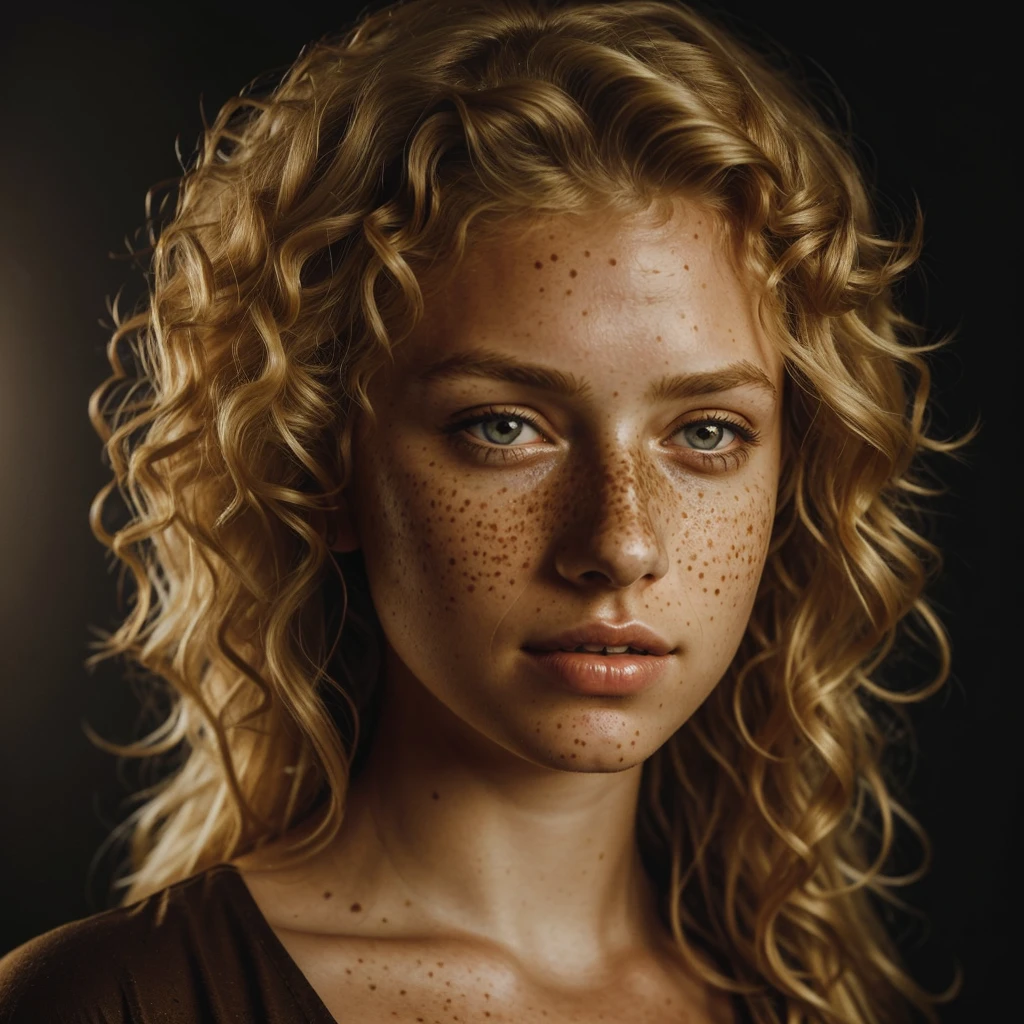 a photo portrait of a beautiful girl with curls and lots of freckles, (dirty blonde hair:1.10), (face portrait:1.5), dramatic light, Rembrandt lighting scheme