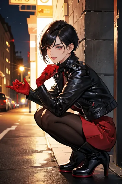 A muscular mature woman with short black hair and a gentle smile squatting on the street at night wearing a black leather jacket, a black enamel tight skirt, and red enamel gloves　Prostitute　tobacco　Black pantyhose　Panty shot Red knee-high boots