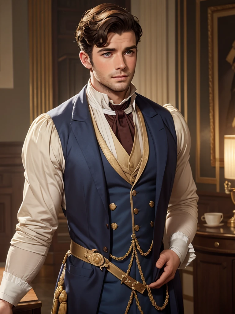 male, british, regency era, bridgerton, jonathan bailey', anothony birdgerton lookalike ,muscles, big pecs ,hairy chest, handsome face. wearing regency era suit