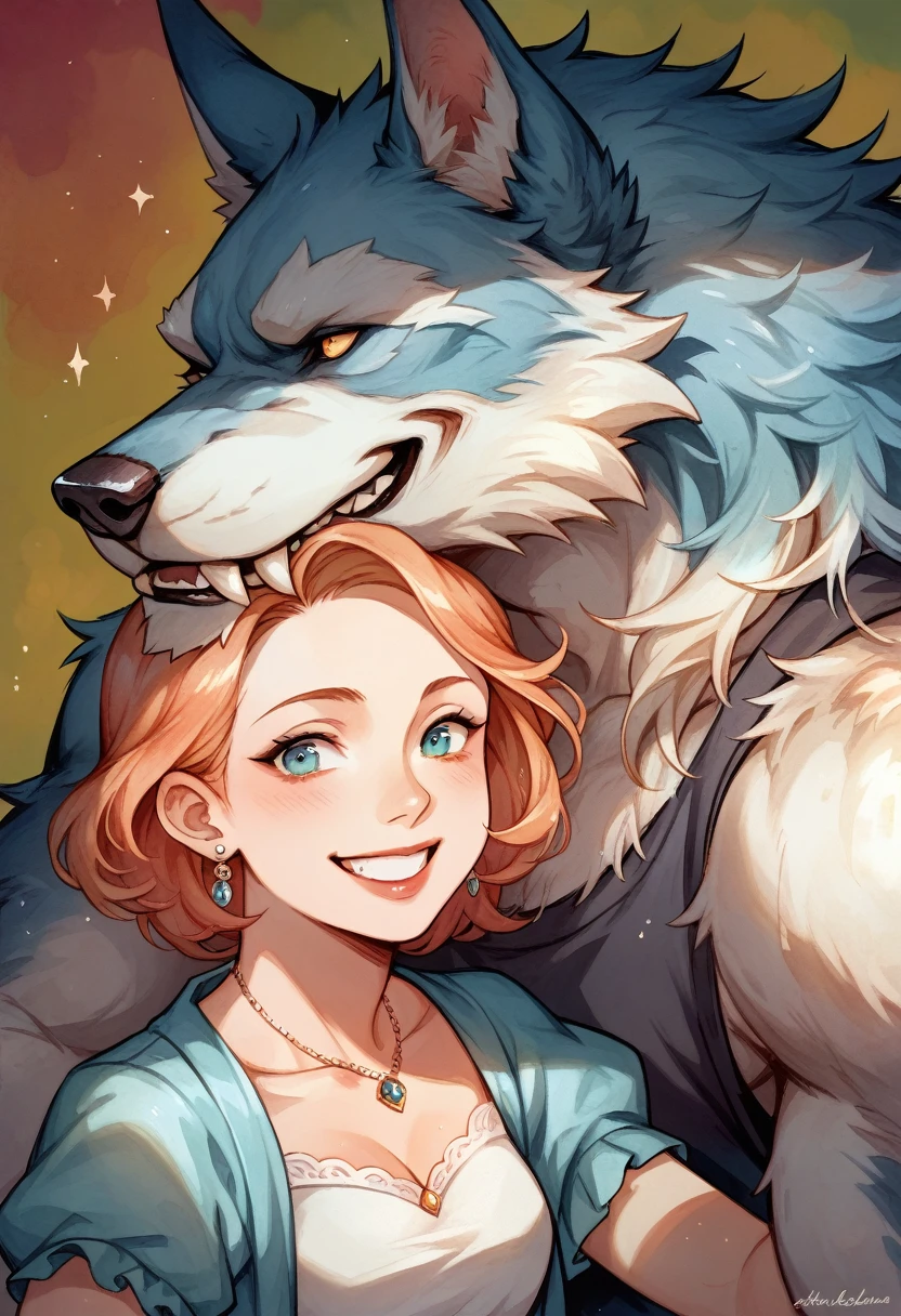 watercolor, soft color, Vintage images, highres, unparalleled masterpiece, absurdres, love story of human Child girl and giant Werewolf, love romance, Detectives and assistants, family photograph, pair, Height difference, Physical difference, perfect anatomy, smile, joyful, play with, smile, happy, watercolor,