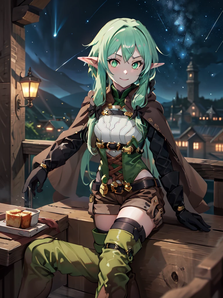 masterpiece, best quality, highres, 1girl, elf, pointy ears, green hair, long hair, green eyes, hair bow, black gloves, brown shorts, sidelocks, cloak, green thighhighs, short shorts, belt, small breasts, cowboy shot, sitting, smiling, nighttime, tavern, dramatic lighting, shooting stars