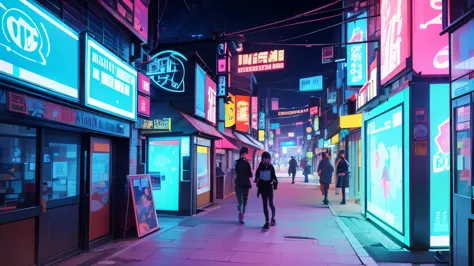 an urban street comes alive at dusk in a japanese cyberpunk setting, lit by colorful neon lights and floating holograms. futuris...