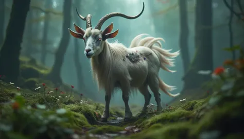 mysterious atmosphere, outdoor forest, ethereal mist, soft green moss, red orange flowers, dreamlike scene, goat-like creature, ...