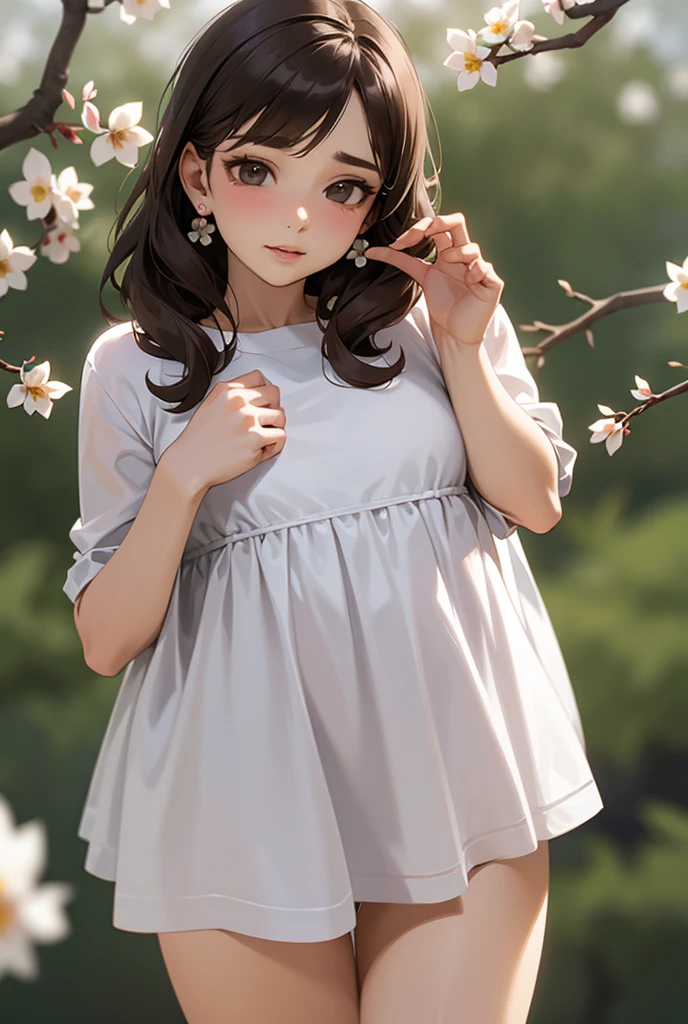 masterpiece,чрезвычайно подробные обои CG Unity 8k,1 girl, Beautiful, realistic, Blurred, Blurred_background, Blurred_foreground, branch, brown_hair, plum blossom, depth_From_field, earrings, flower, Ювелирные Fromделия, nose, realistic, One , noseить только бюстгальтер Груди, 