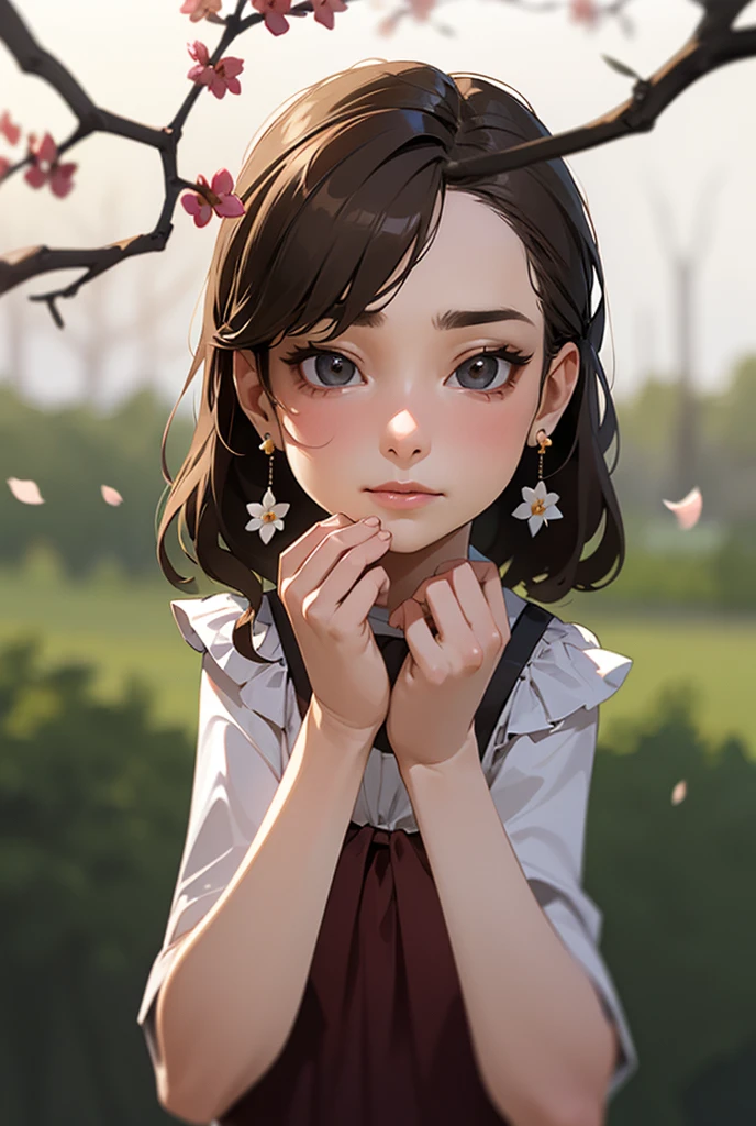 masterpiece,чрезвычайно подробные обои CG Unity 8k,1 girl, Beautiful, realistic, Blurred, Blurred_background, Blurred_foreground, branch, brown_hair, plum blossom, depth_From_field, earrings, flower, Ювелирные Fromделия, nose, realistic, One , noseить только бюстгальтер Груди, 