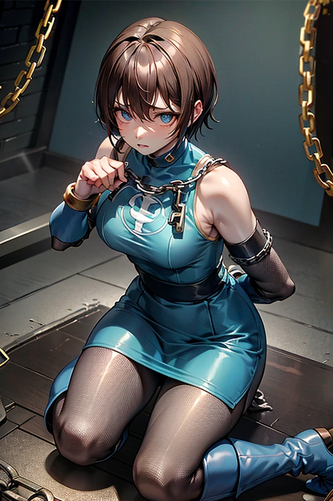 Hurricane Blue、Hurricane Jar、Brown Hair、short hair、((pantyhose))、Picture below、Mid-chest、prison、((Round 1))、((Chains on both hands))、Kneel、boots、Embarrassed expression