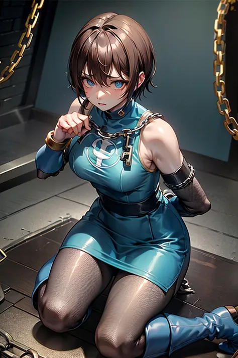 hurricane blue、hurricane jar、brown hair、short hair、((pantyhose))、picture below、mid-chest、prison、((round 1))、((chains on both han...