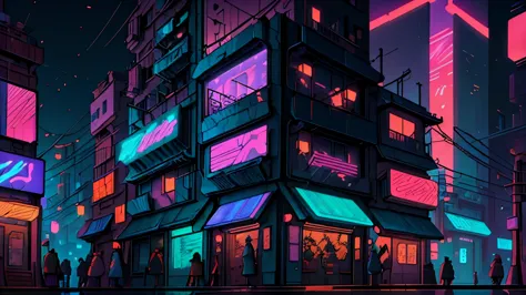 an urban street comes alive at dusk in a japanese cyberpunk setting, lit by colorful neon lights and floating holograms. futuris...