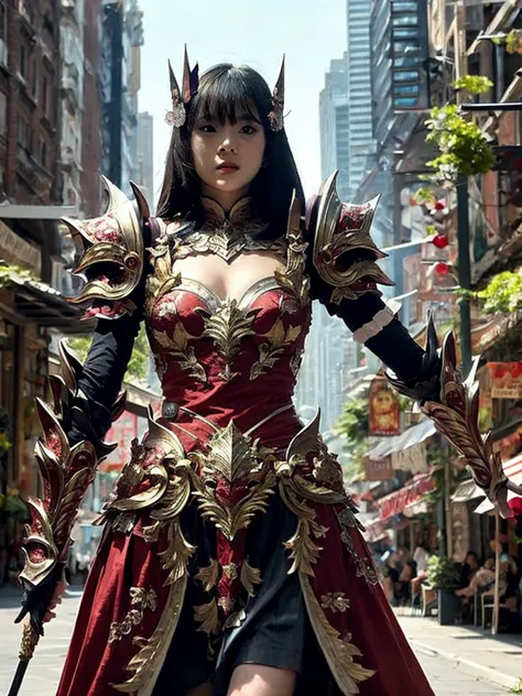 (masterpiece, best quality:1.2), 1girl, solo, fantasy armor, colorfull armor, crowded city