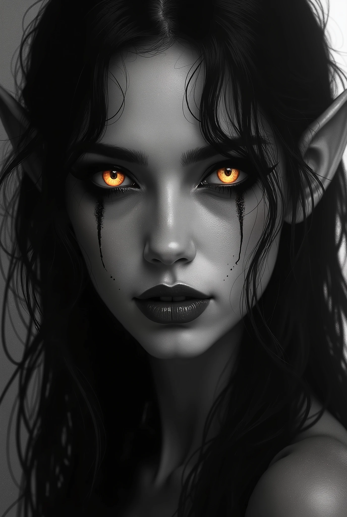 A black and white portrait of a woman with elf-like ears peeking from beneath dark hair, and eyes that resemble those of a mythical creature, with a golden glow. Her makeup features dramatic eyeliner that flows down like tears, creating a haunting and ethereal effect. The overall mood should be melancholic and mysterious, with a hint of vulnerability and power. Focus on capturing the intensity of her gaze and the mystical aura surrounding her.