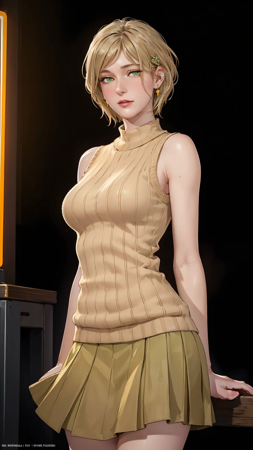 ((((masterpiece, best quality, high resolution)))), Extremely detailed 8K, Beautiful girl with voluptuous body, (Ultra HD, Ultra-detailed, Highly detailed, Highly realistic, Ultra-realistic, photograph realistic), (1girl:1.5), (Realistic blonde hair), (short silky hair, hair ornaments, earrings), (dynamic poses), facing at camera, looking at viewer, (blushing red, embarrassed, exhausted), (green eyes, sharp eyes), (medium perky breasts:1.3), (wide hips:1.2), (beautiful detailed face, beautiful detailed eyes), ((beige sleeveless sweater, green skirt)), (detail pussy), (standing up), sweat, glow, (nightlight), ((cowboy shot)), jazz bar, seductive, (toned muscle)