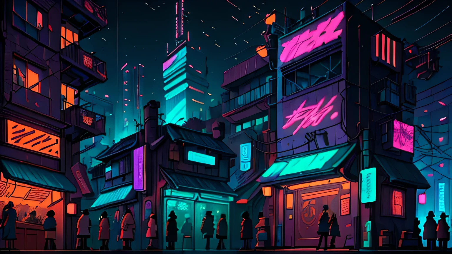 An urban street comes alive at dusk in a Japanese cyberpunk setting, lit by colorful neon lights and floating holograms. Futuristic graffiti adorns the walls of the buildings. Characters in a variety of styles, some in groups, others alone, create an atmosphere of tension and excitement. In the background, a brightly lit bar draws attention.