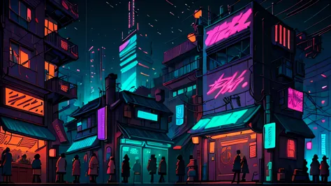 an urban street comes alive at dusk in a japanese cyberpunk setting, lit by colorful neon lights and floating holograms. futuris...